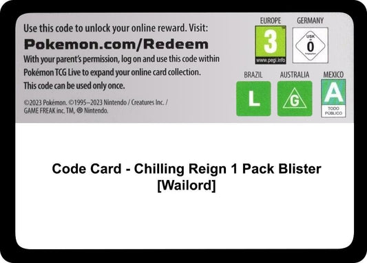 Image for Code Card - Chilling Reign 1 Pack Blister [Wailord] - Pokemon